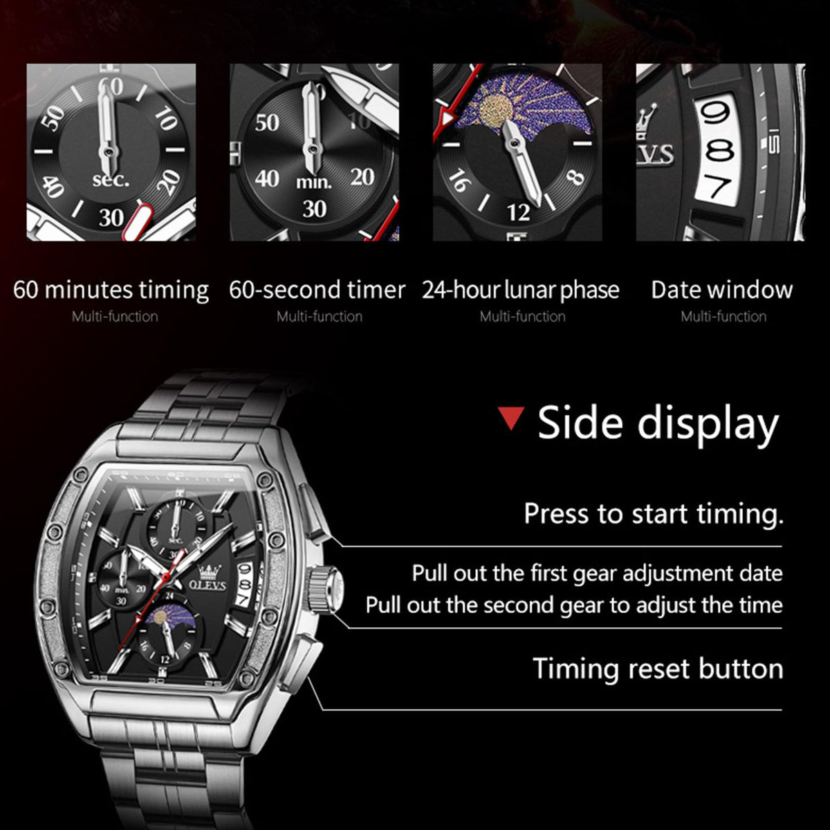 Men Big Square Face Chronograph Stainless Steel Dress Watch P108221