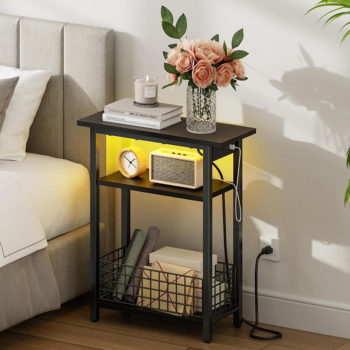 Narrow Side Table with Charging Station and LED Light G20098