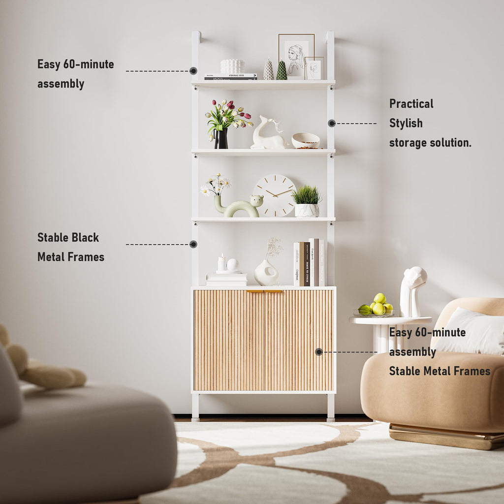 74" Tall White and Oak Bookshelf with Storage Cabinet Q658