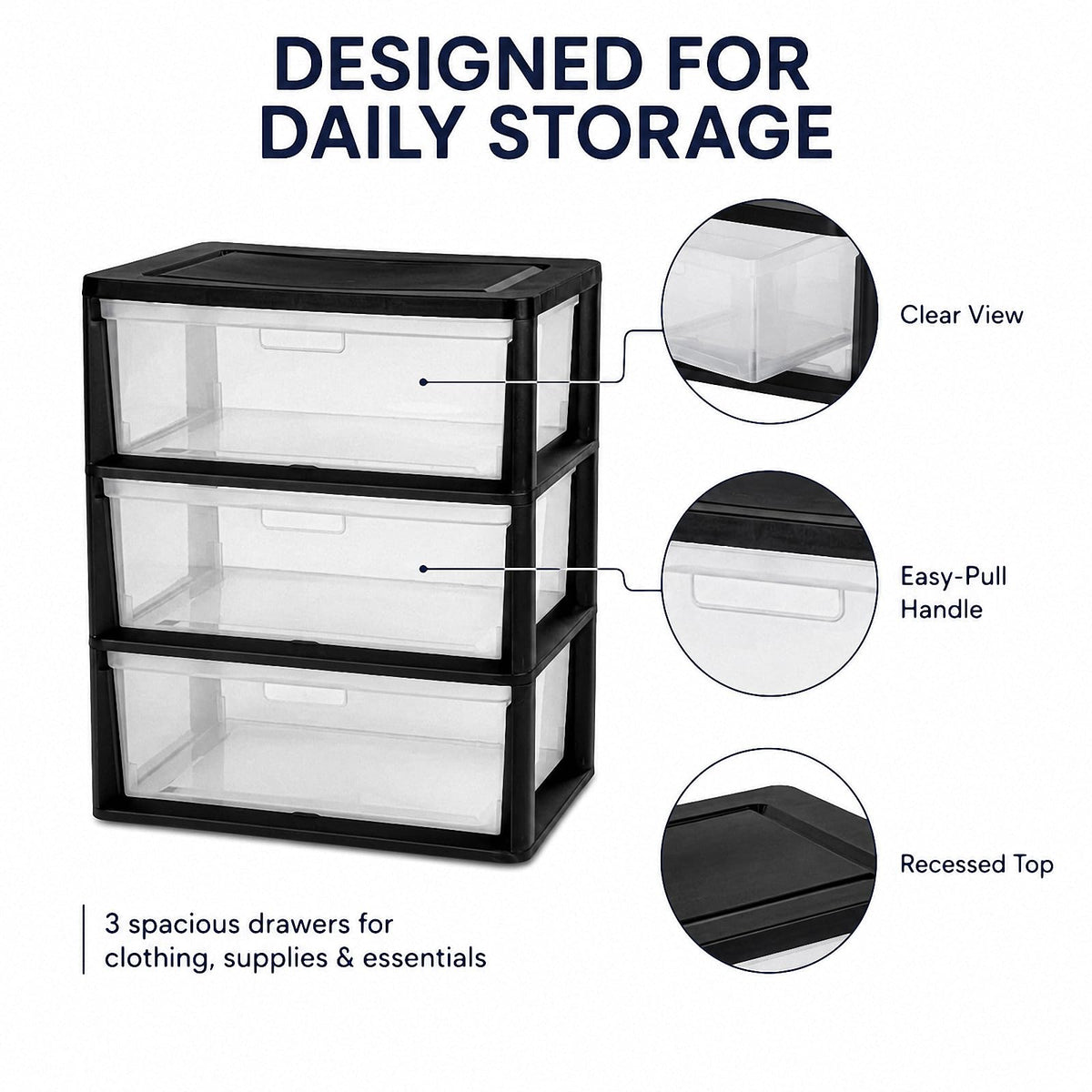 Black 3 Drawer Plastic Storage Tower X48102
