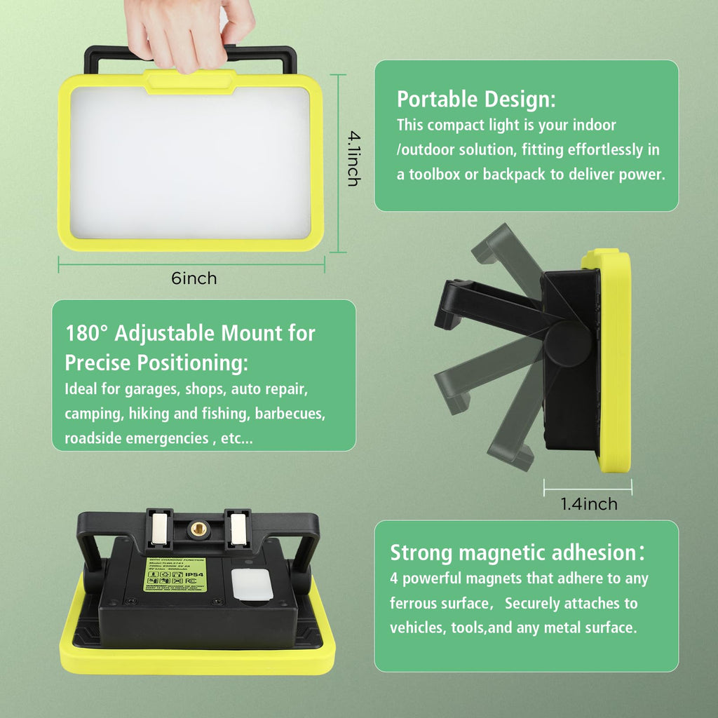 LED Work Light, Rechargeable, 700 LM Magnetic Portable Flood Light with Adjustable Stand, IP54 Waterproof, 3 Lighting Modes with Emergency SOS, 1Pack R63689