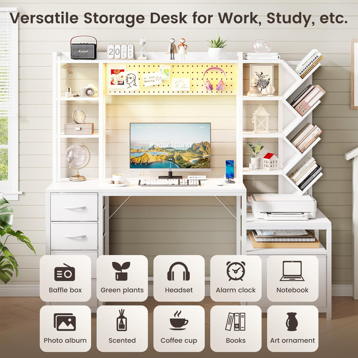 61.4" Computer Desk with Bookshelf, 5 Drawers, Hutch, Outlet, LED Z3835