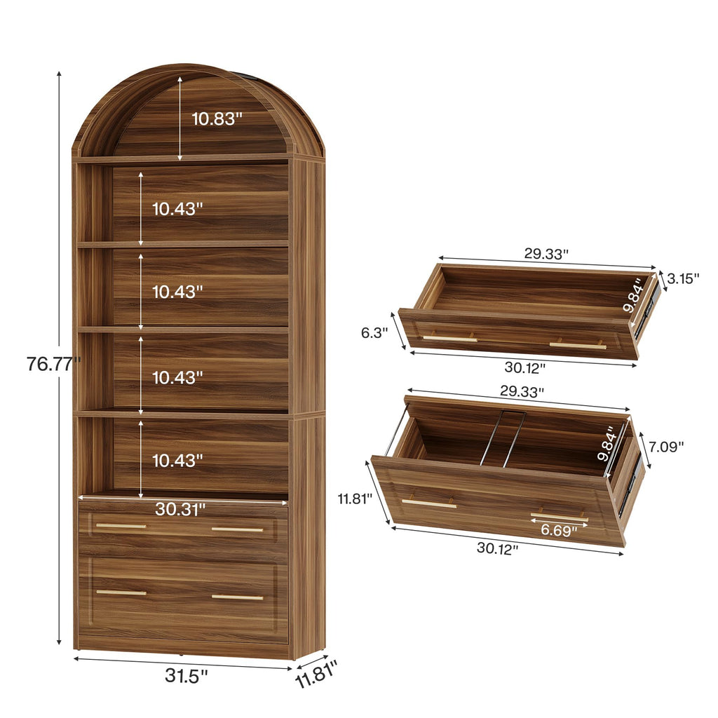 76.8" Tall Arched Bookcase with File Cabinet Drawer, Walnut Brown X940