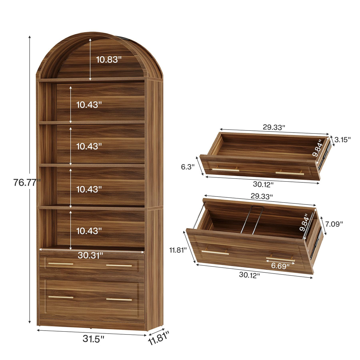 76.8" Tall Arched Bookcase with File Cabinet Drawer, Walnut Brown X940