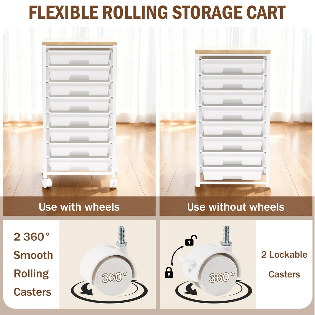 8 Drawer Rolling Storage Cart with Wooden Tabletop W36667