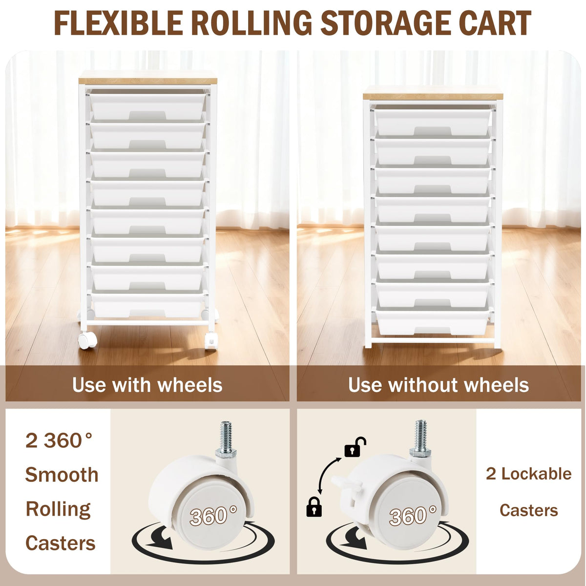 8 Drawer Rolling Storage Cart with Wooden Tabletop W36667