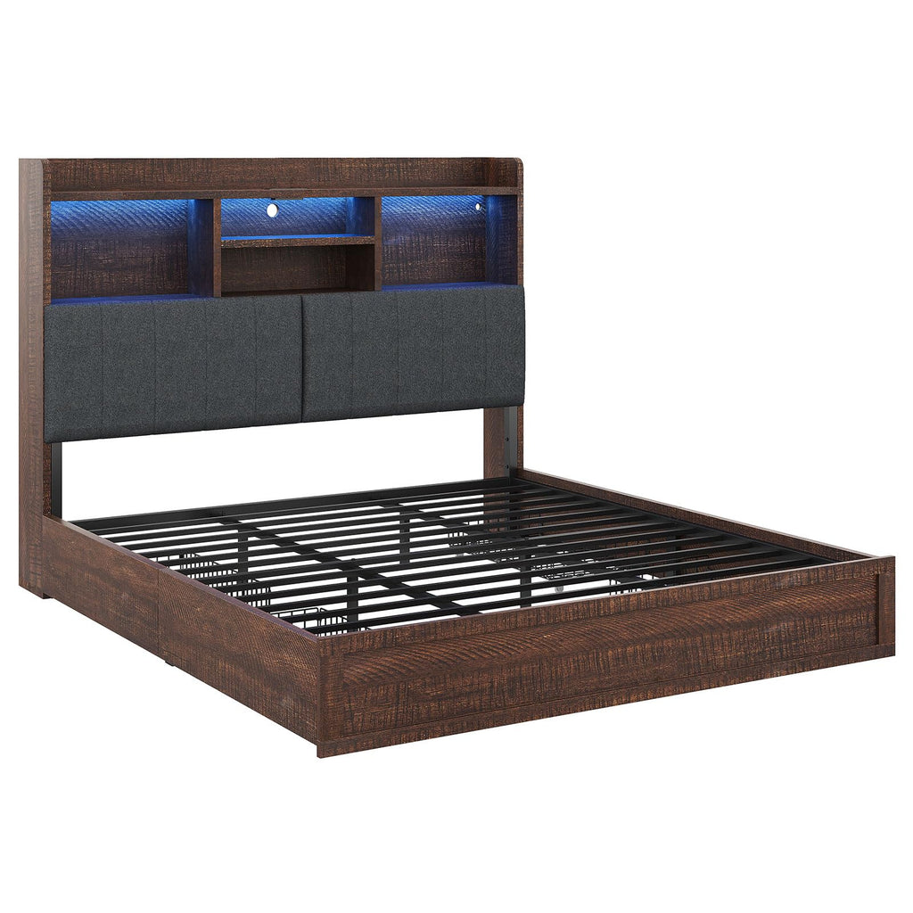 King Brown Storage Bed with Bookcase Headboard & Drawer M1220