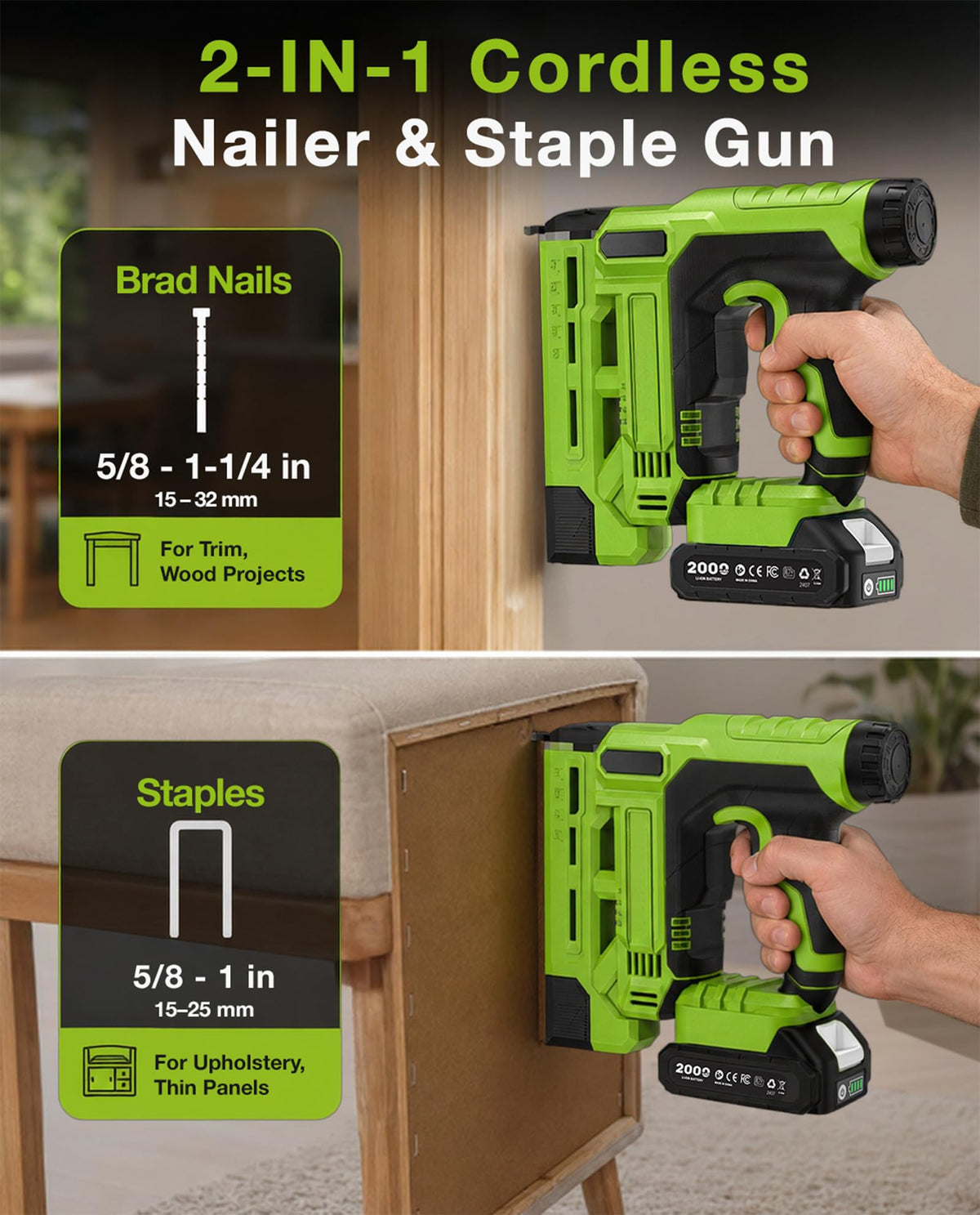 18-Gauge Cordless Brad Nailer 20V 2-in-1 Electric Nail Gun with 2 Batteries Z904820