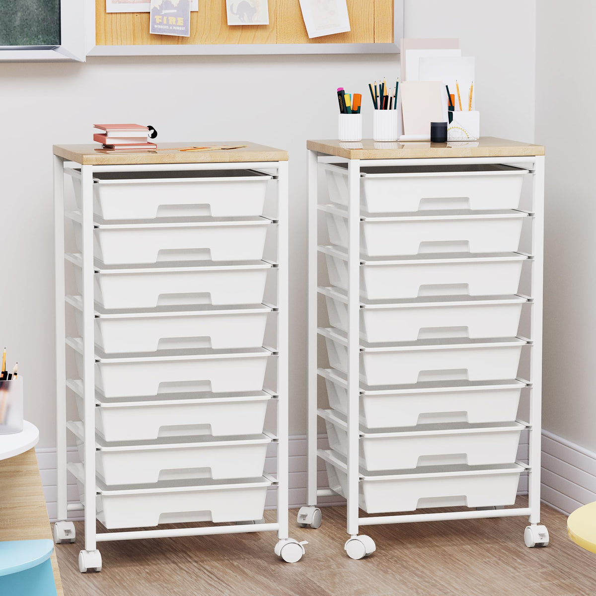 8 Drawer Rolling Storage Cart with Wooden Tabletop W36667