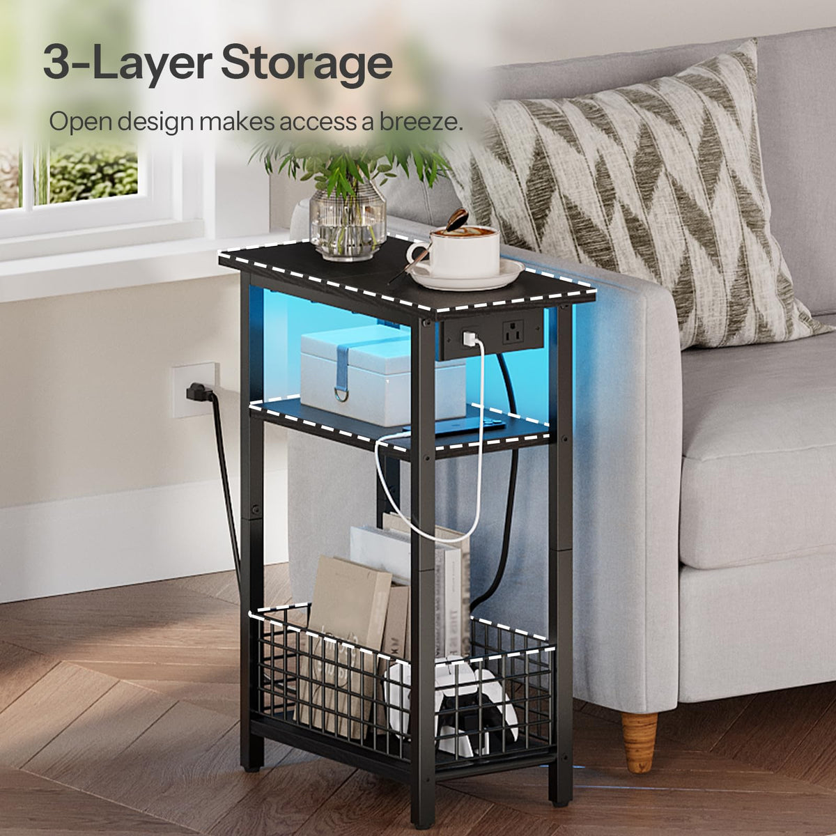 Narrow Side Table with Charging Station and LED Light G20098