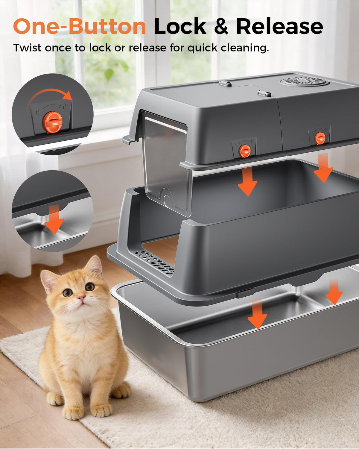 XXL Stainless Steel Enclosed Cat Litter Box with Lid, Mat & Scoop Z628