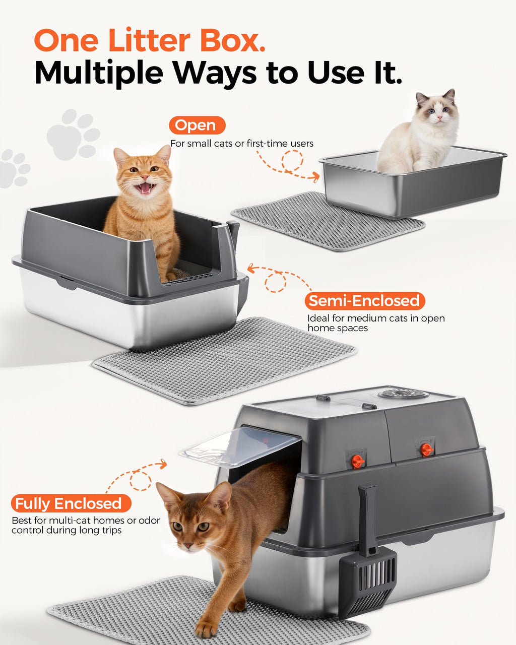 XXL Stainless Steel Enclosed Cat Litter Box with Lid, Mat & Scoop Z628