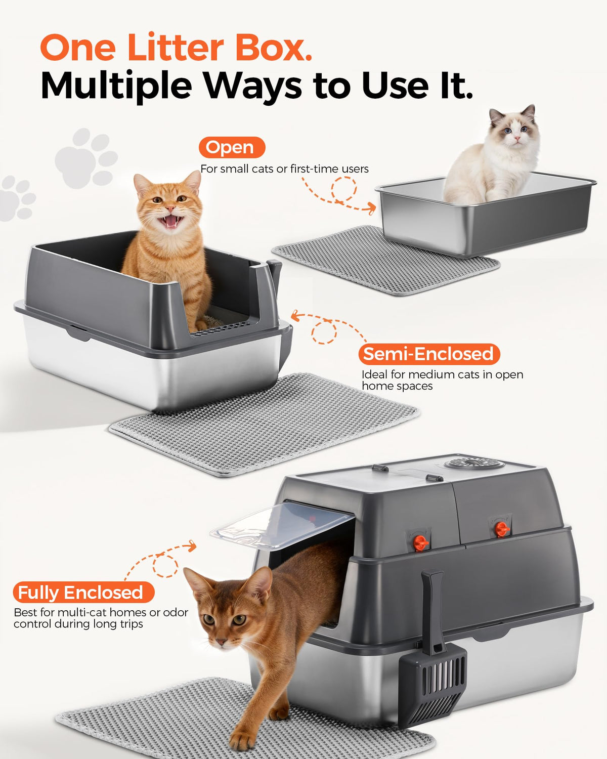 XXL Stainless Steel Enclosed Cat Litter Box with Lid, Mat & Scoop Z628