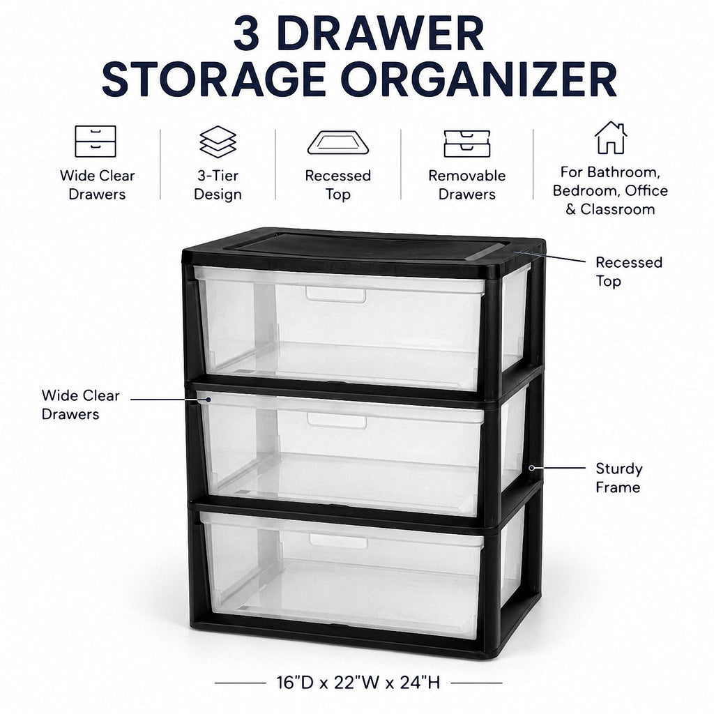Black 3 Drawer Plastic Storage Tower X48102