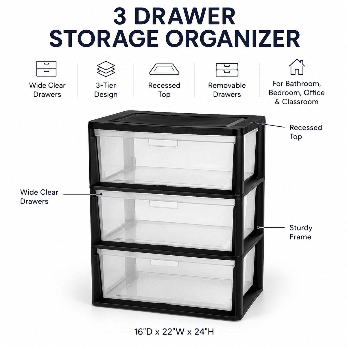 Black 3 Drawer Plastic Storage Tower X48102