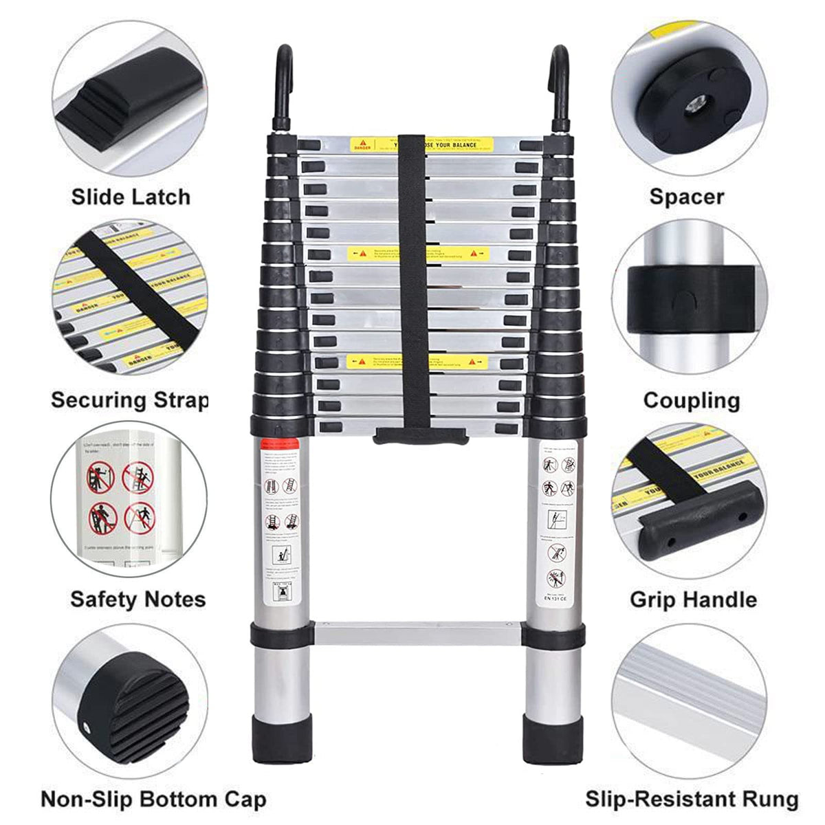 Aluminum Telescoping Ladder with Hooks, 20.3FT One Button Retraction 330lbs Capacity O1802
