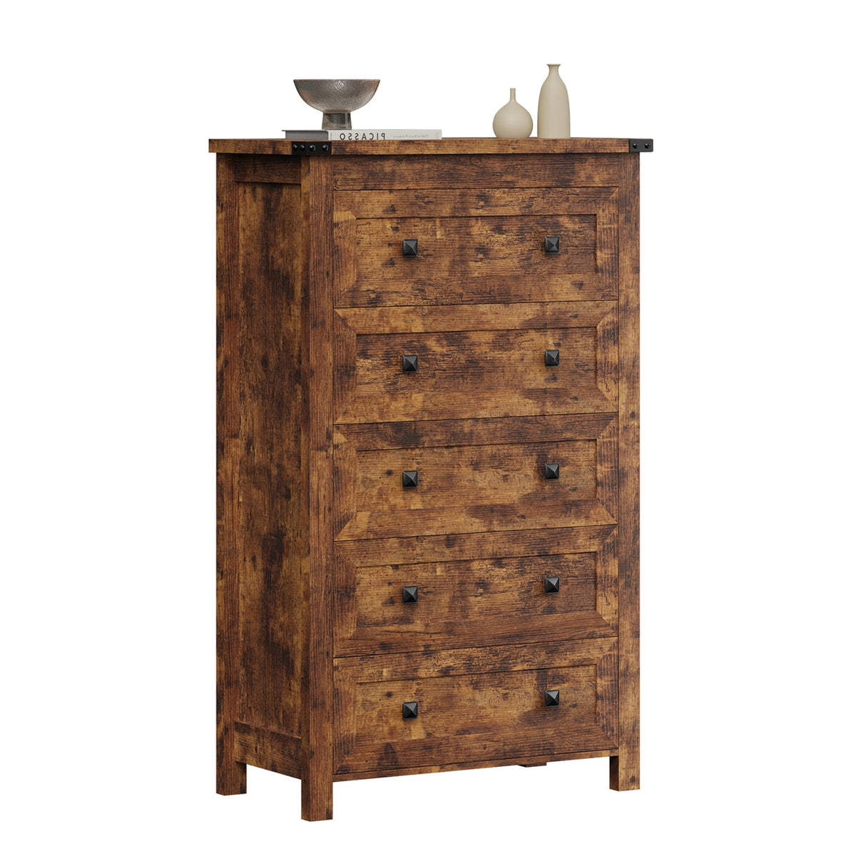 Brown Tall 5 Drawer Wood Dresser with Metal Handles W8081