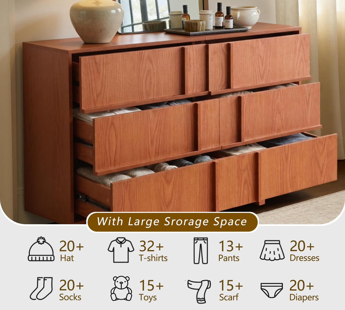 47" Wide 6 Drawer Dresser and Nightstand Set 3 Piece, Cherry F76264