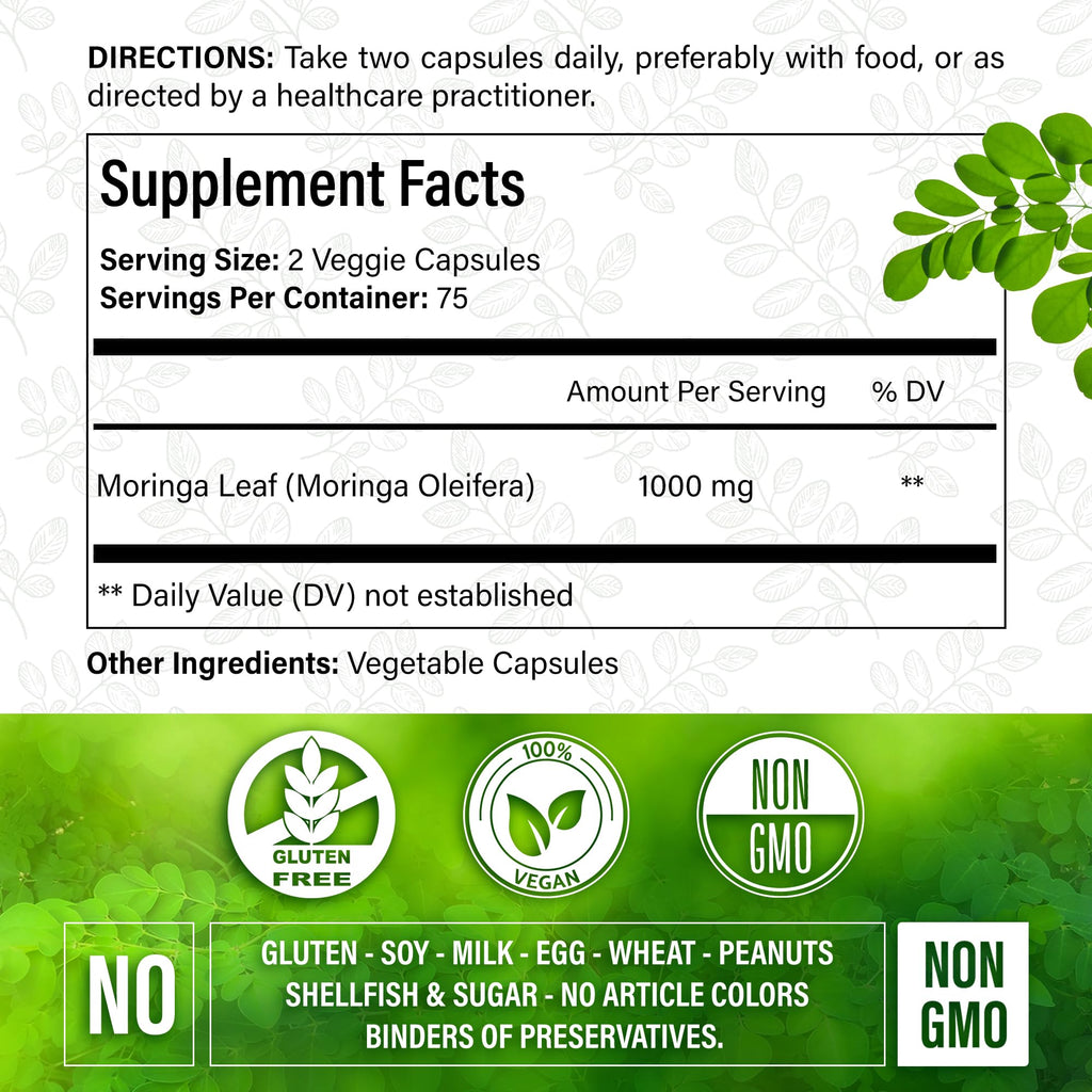 Moringa Oleifera Leaf Extract Capsules 150 Count I2759