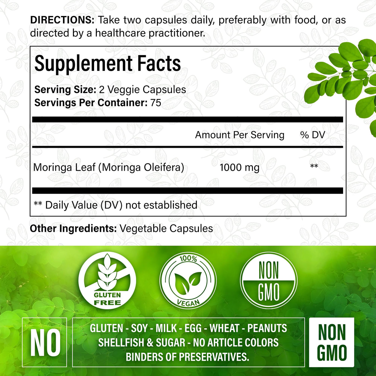 Moringa Oleifera Leaf Extract Capsules 150 Count I2759