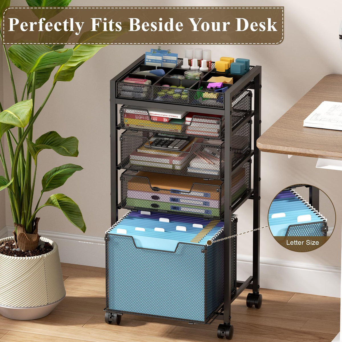 Rolling File Cart with 4 Storage Drawers, Black Metal F394895