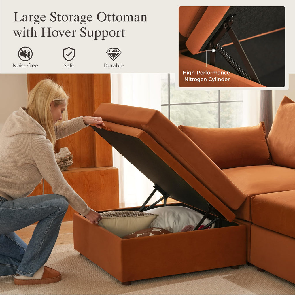 102.6" L Shaped 4 Seater Velvet Sectional Sofa with Storage Ottoman R6658