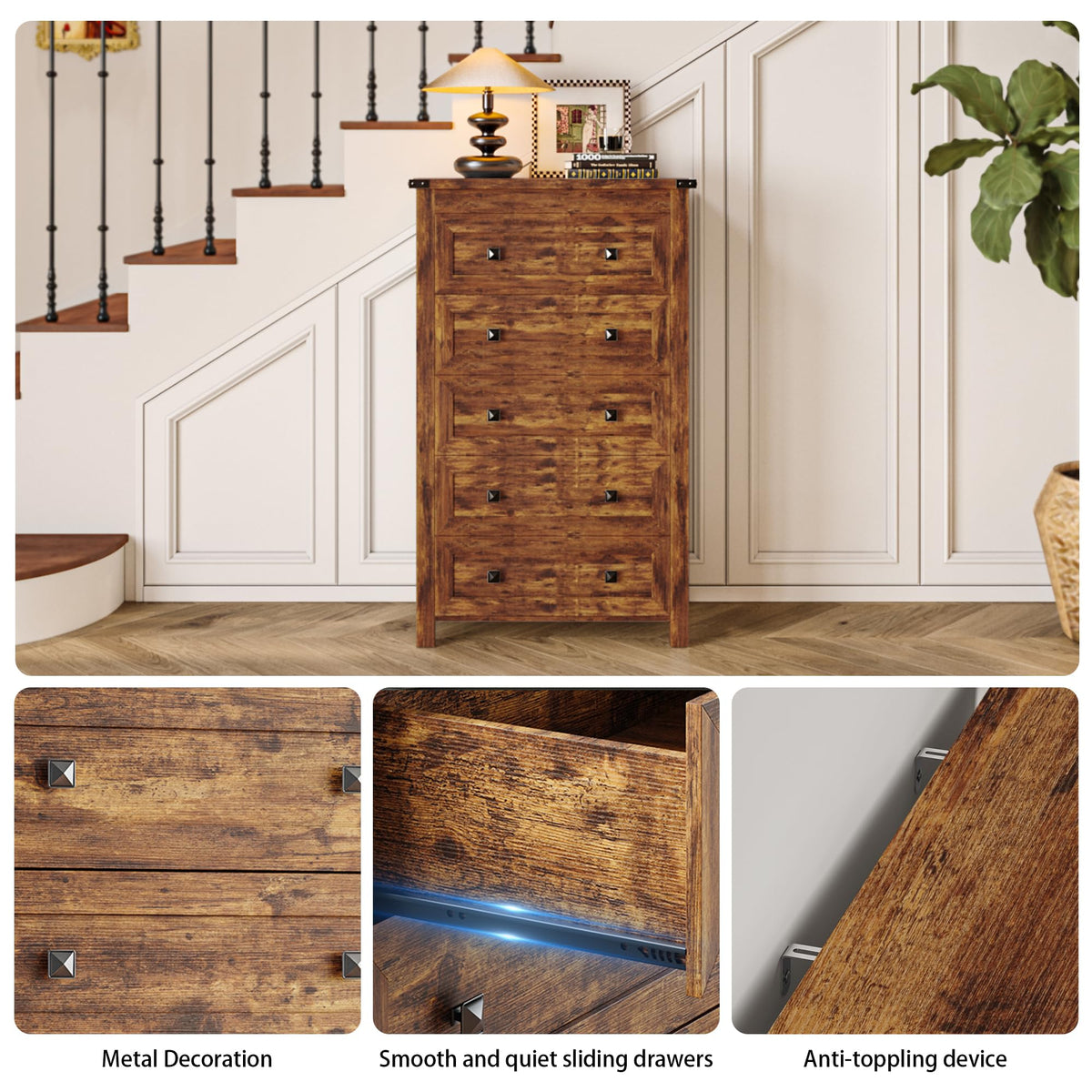 Brown Tall 5 Drawer Wood Dresser with Metal Handles W8081