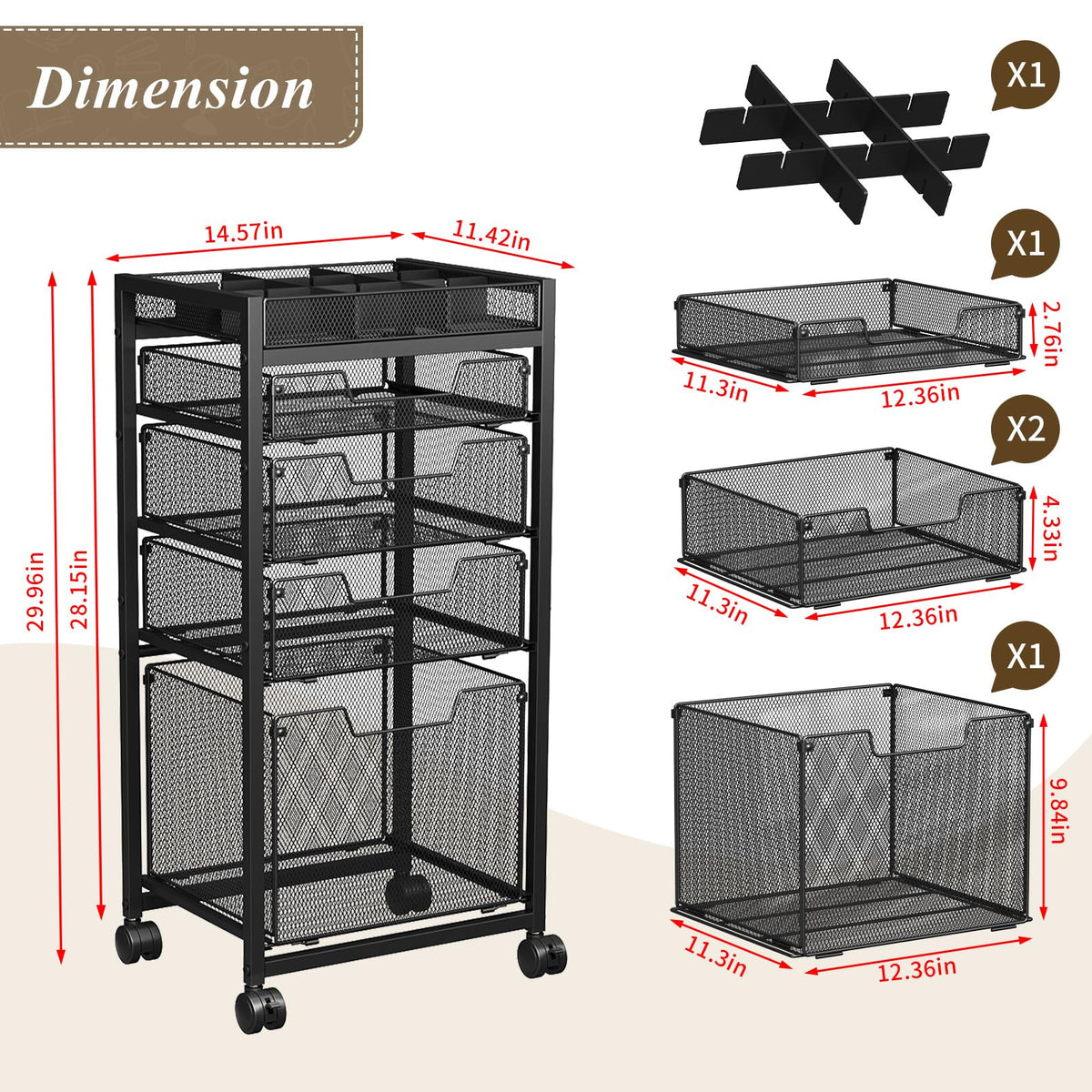 Rolling File Cart with 4 Storage Drawers, Black Metal F394895
