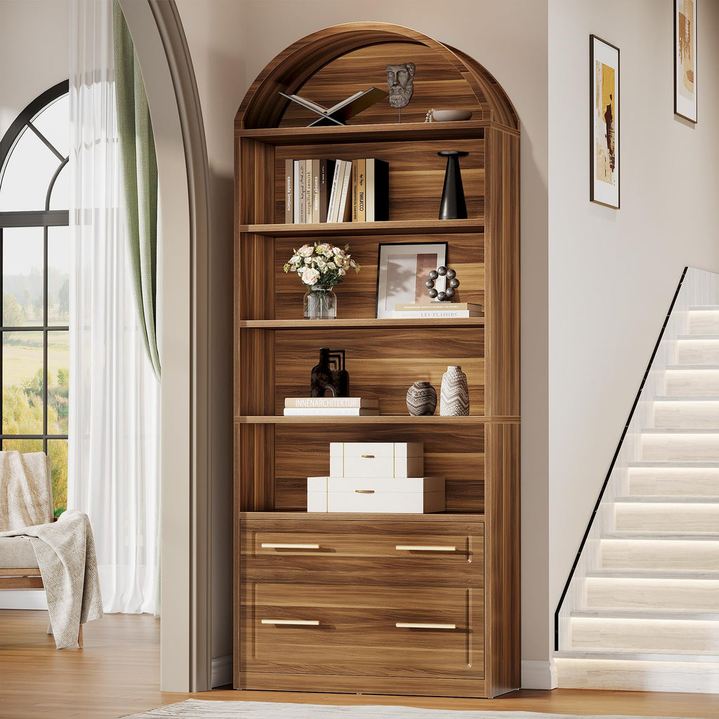 76.8" Tall Arched Bookcase with File Cabinet Drawer, Walnut Brown X940