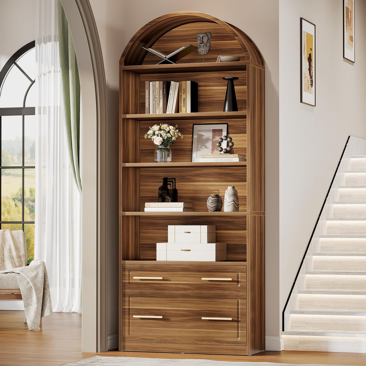 76.8" Tall Arched Bookcase with File Cabinet Drawer, Walnut Brown X940