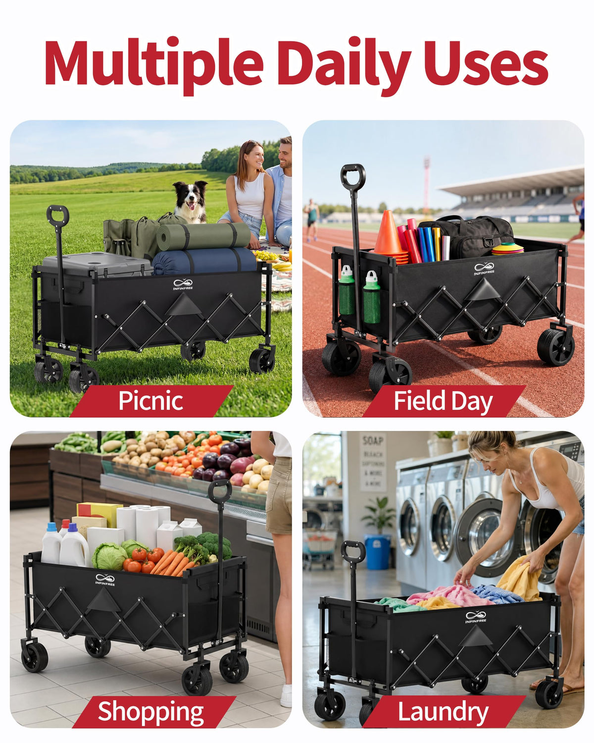 34" Extra Long Foldable Wagon with All-Terrain Wheels, 260 LBS Capacity Black E648