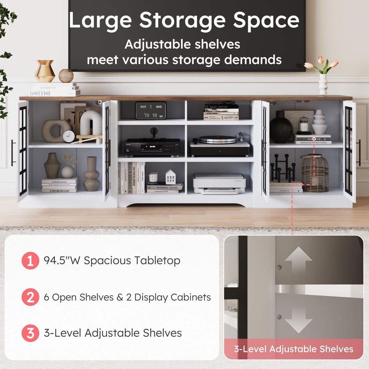 White Black TV Stand with 2 Cabinets and 3-Tier Shelves P36889