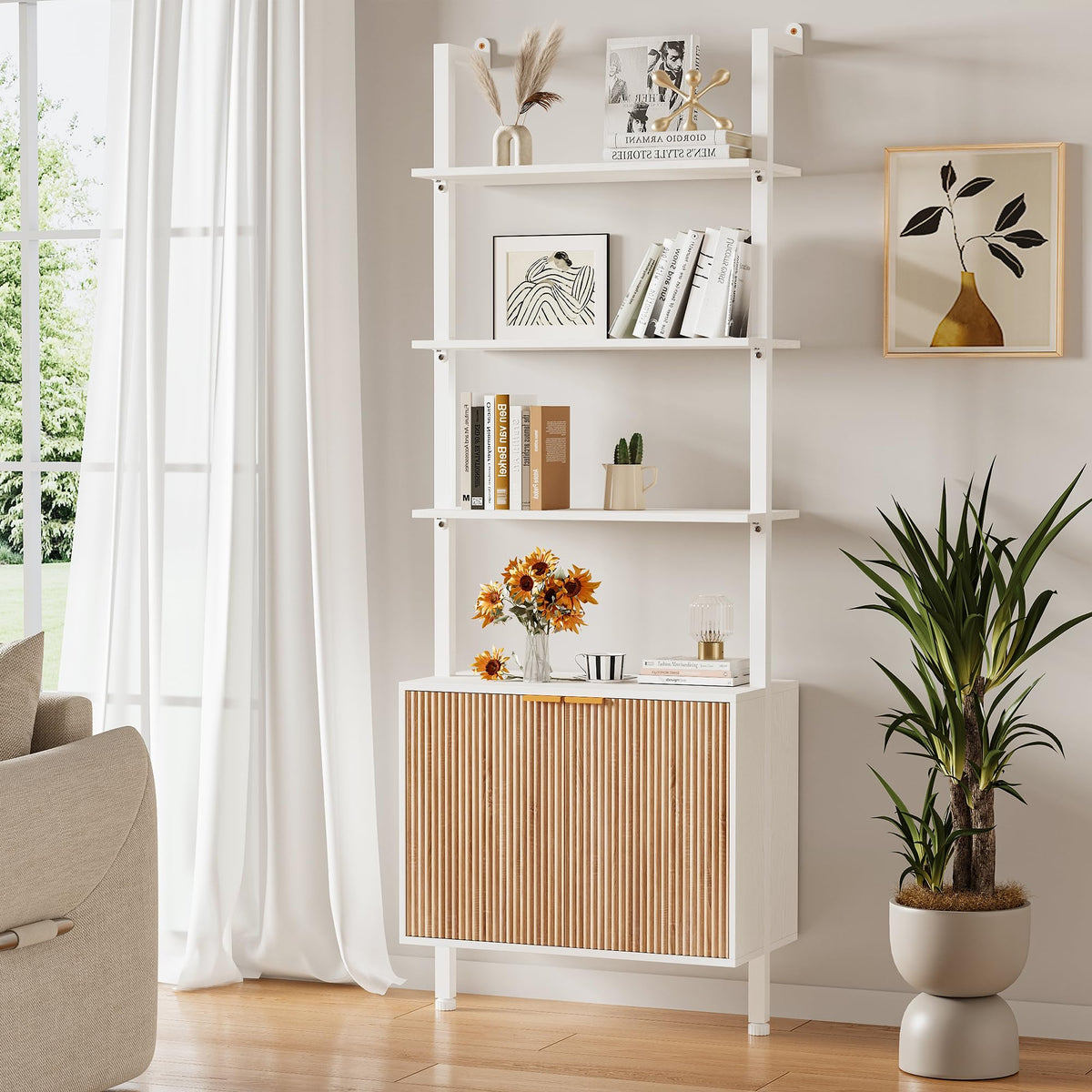 74" Tall White and Oak Bookshelf with Storage Cabinet Q658