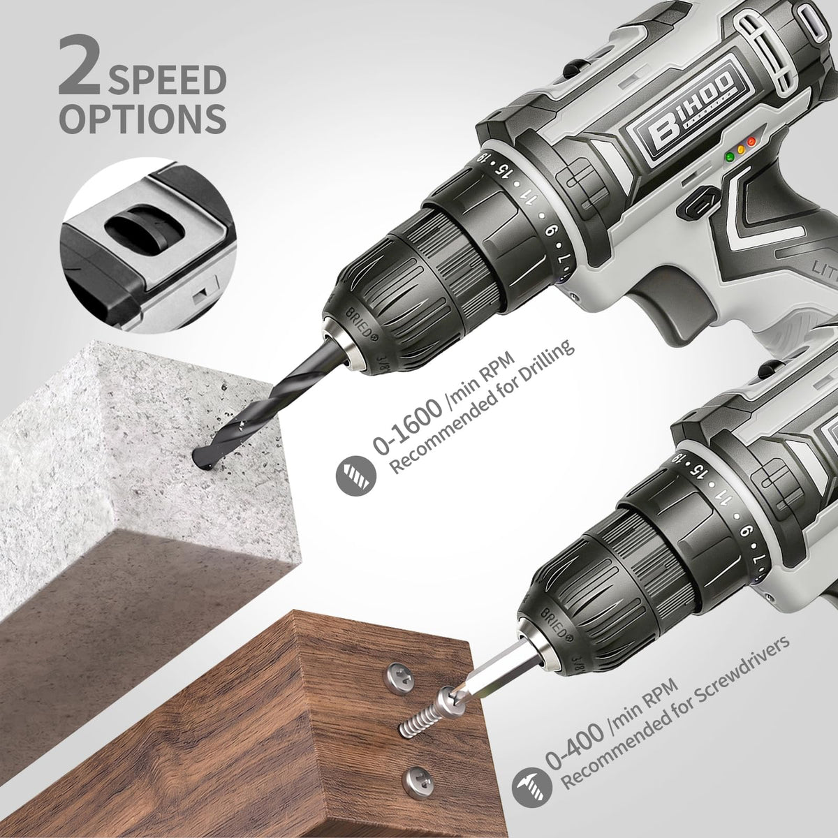 Cordless Drill with 25Nm max, Drill Bits Kit, Gray R734859
