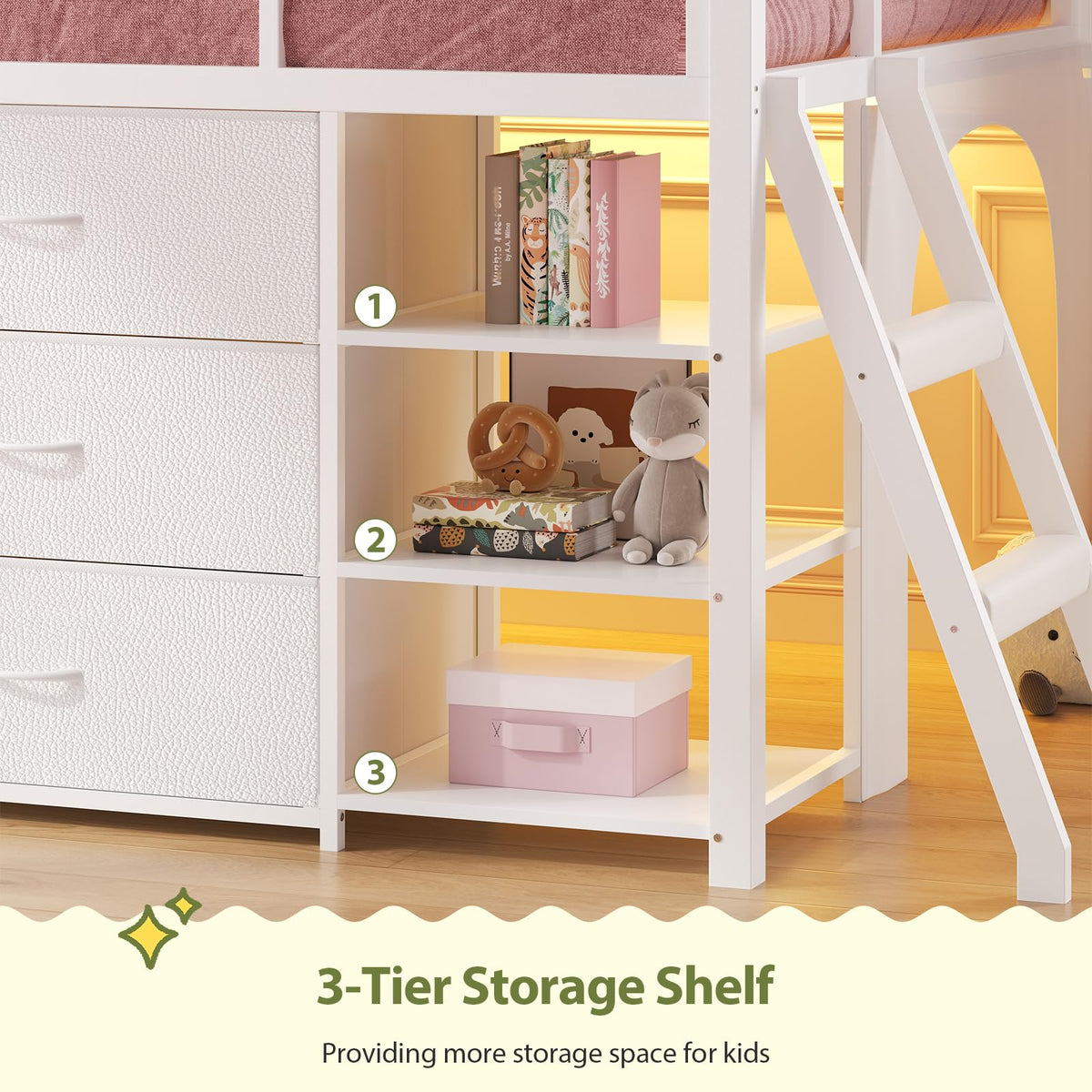 White Twin Loft Bed with Bookshelf, Display Shelf, Storage Drawers and Ladder Y1404