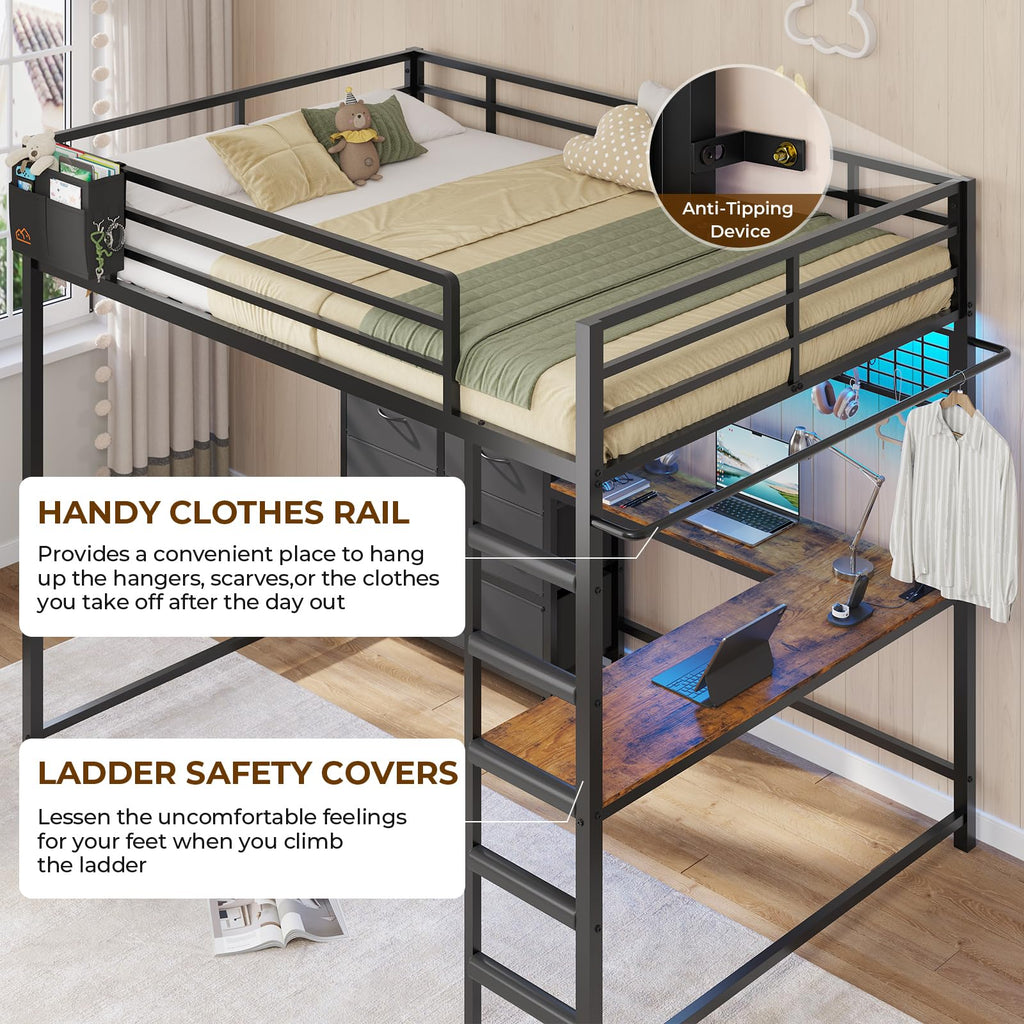 Full Size Loft Bed with L-Shaped Desk, 7 Storage Drawers, LED Lights and Charging Station, Black P9350