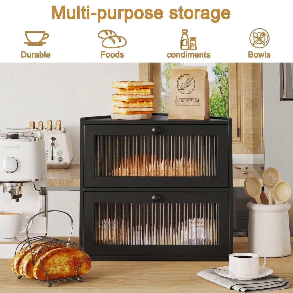 Double Layer Bamboo Bread Box with Wavy Windows Z19013