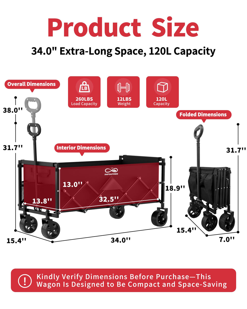34" Extra Long Foldable Wagon with All-Terrain Wheels, 260 LBS Capacity Black E648