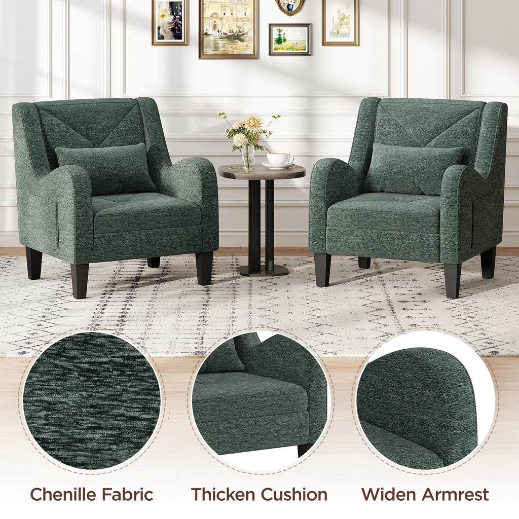 Green Chenille Upholstered Accent Chair with Lumbar Pillow J828435