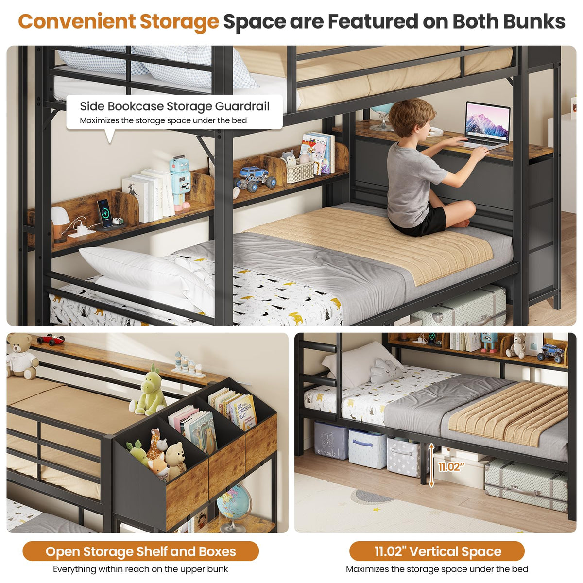 Twin Over Twin Metal Bunk Bed with 6 Storage Drawers, Led Lights and Charging Station, Black G413