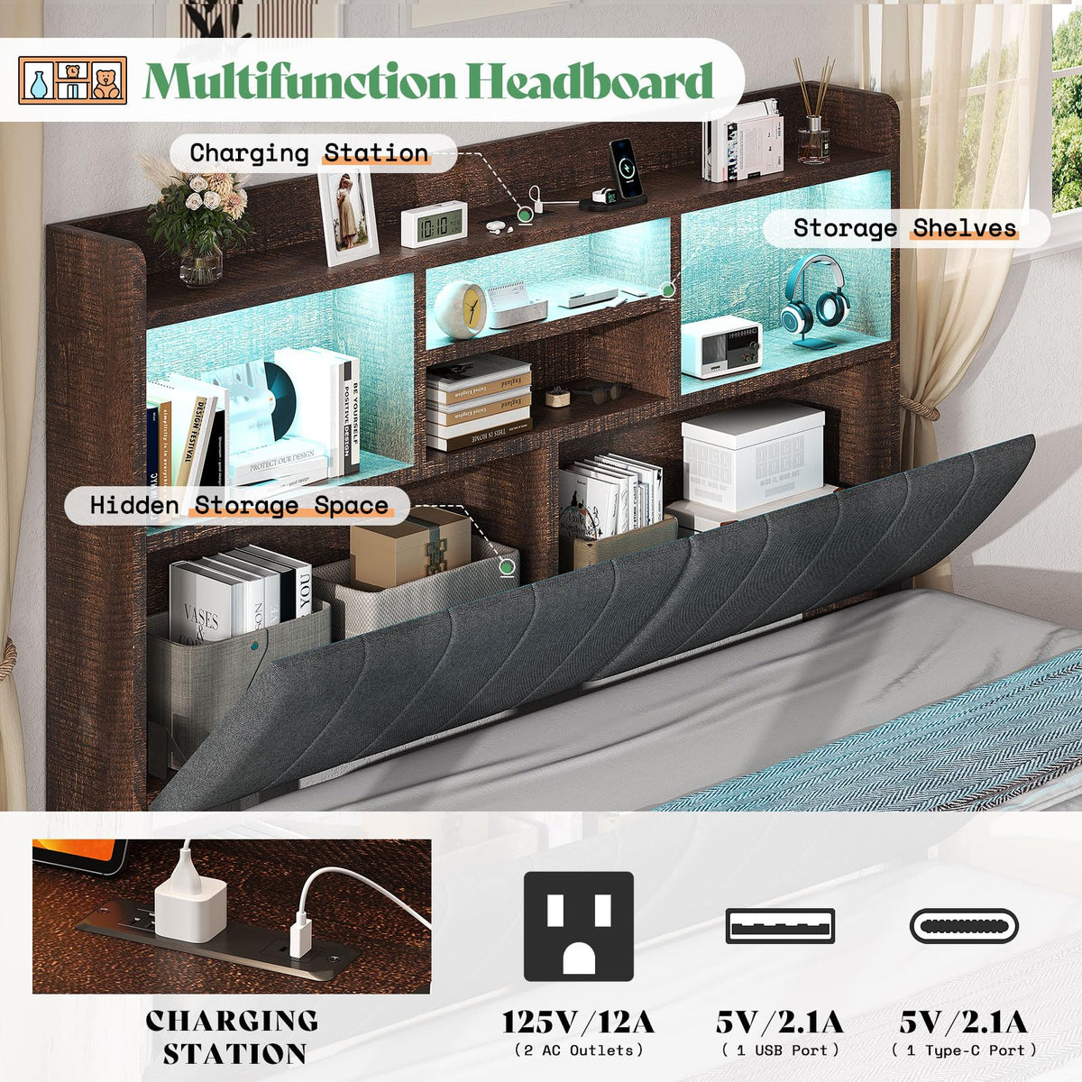 King Brown Storage Bed with Bookcase Headboard & Drawer M1220