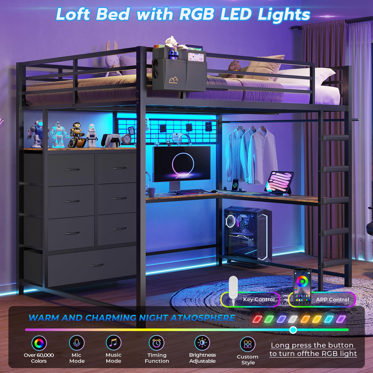 Full Size Loft Bed with L-Shaped Desk, 7 Storage Drawers, LED Lights and Charging Station, Black P9350