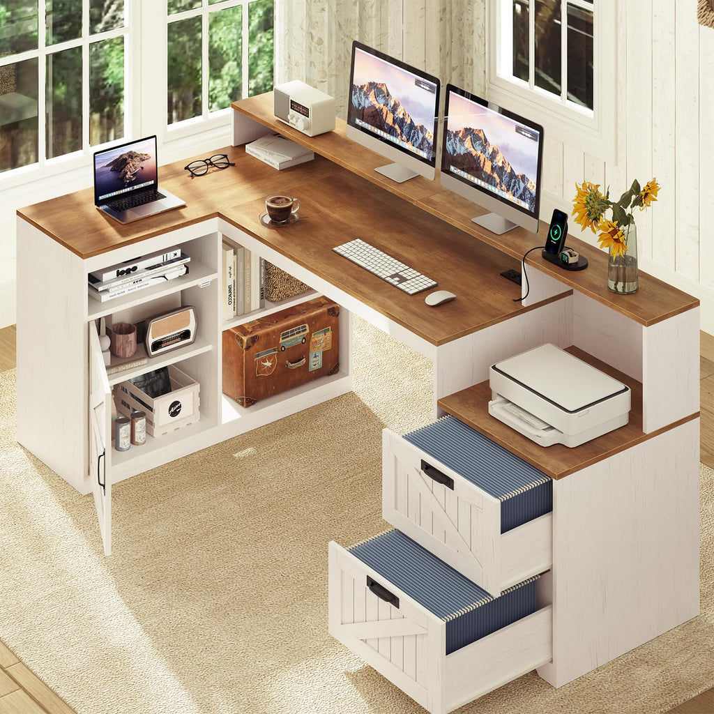 63" L Shaped Desk with Drawers and Printer Stand F527