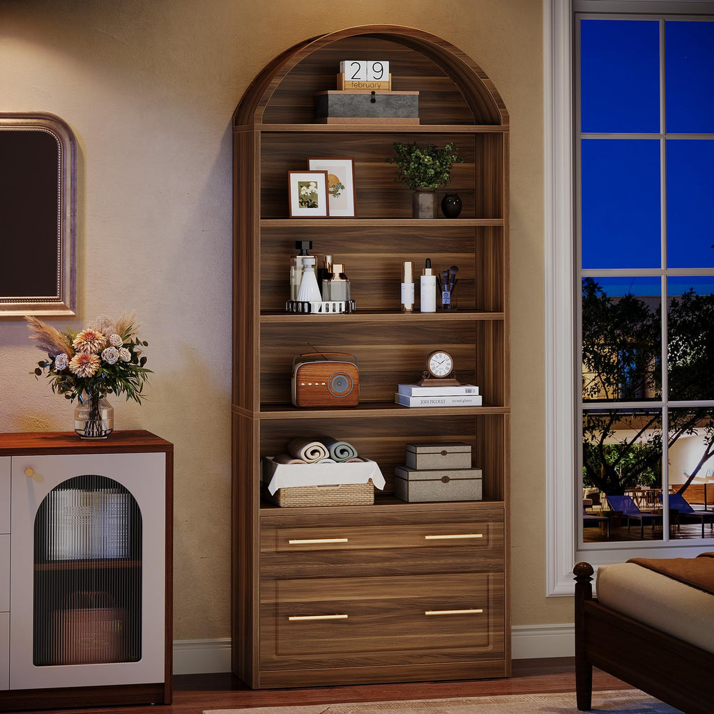 76.8" Tall Arched Bookcase with File Cabinet Drawer, Walnut Brown X940