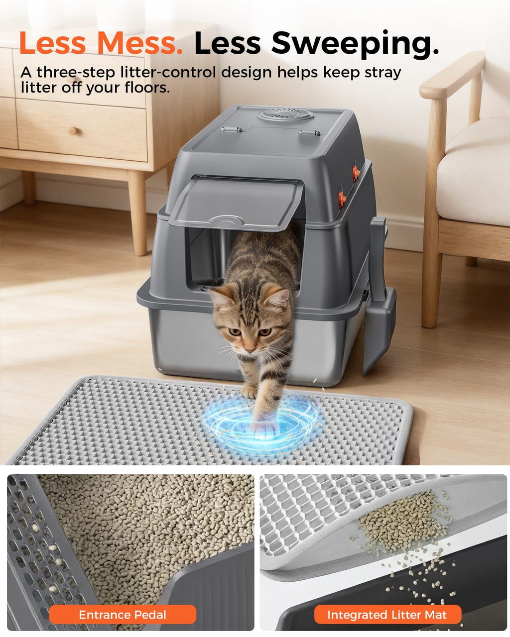 XXL Stainless Steel Enclosed Cat Litter Box with Lid, Mat & Scoop Z628
