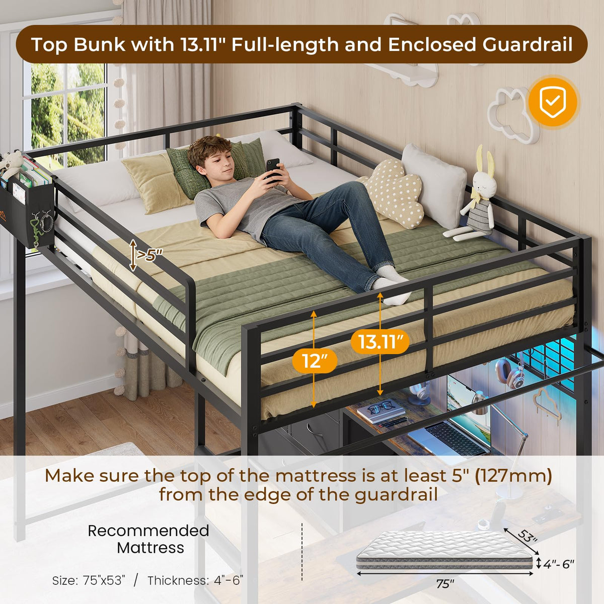 Full Size Loft Bed with L-Shaped Desk, 7 Storage Drawers, LED Lights and Charging Station, Black P9350