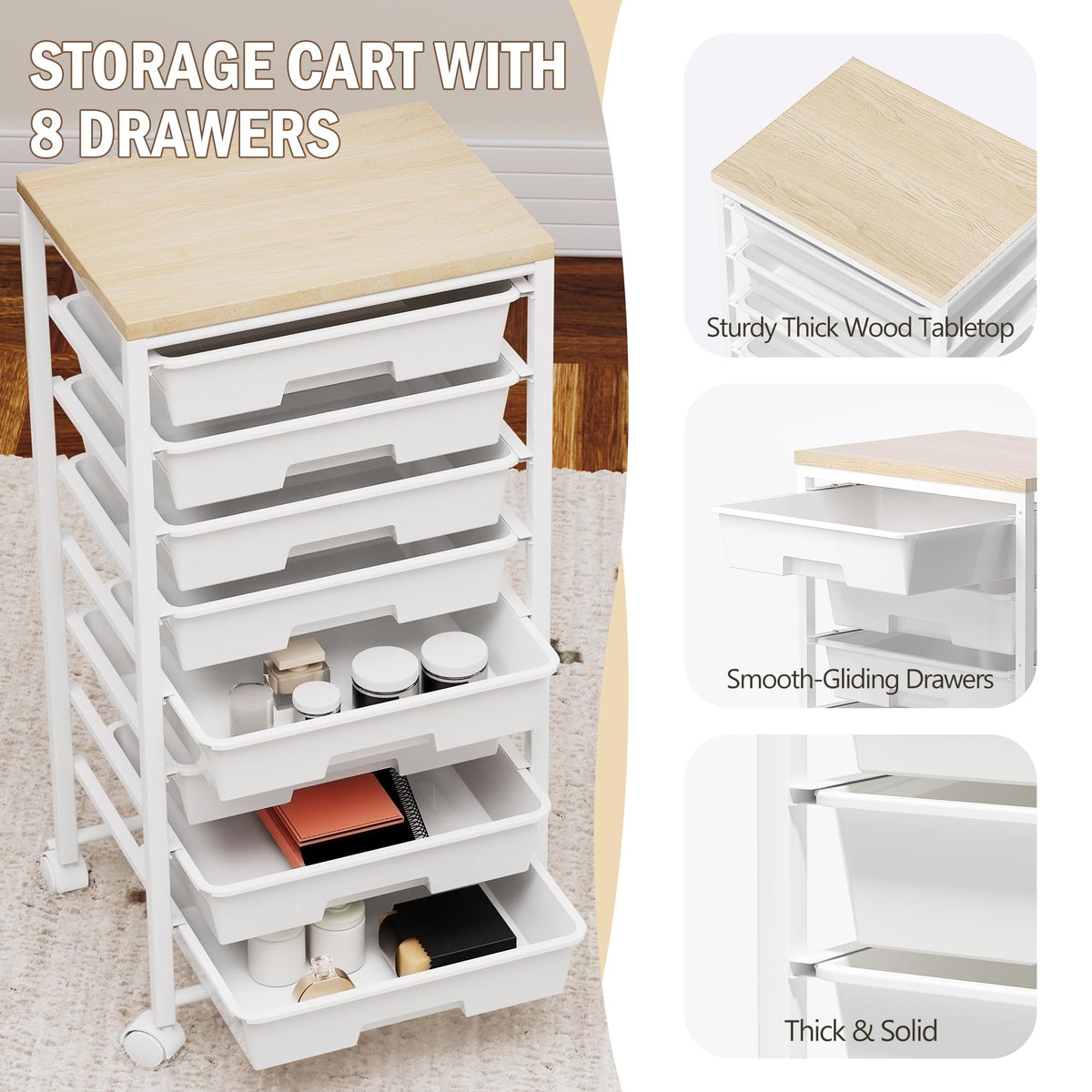 8 Drawer Rolling Storage Cart with Wooden Tabletop W36667