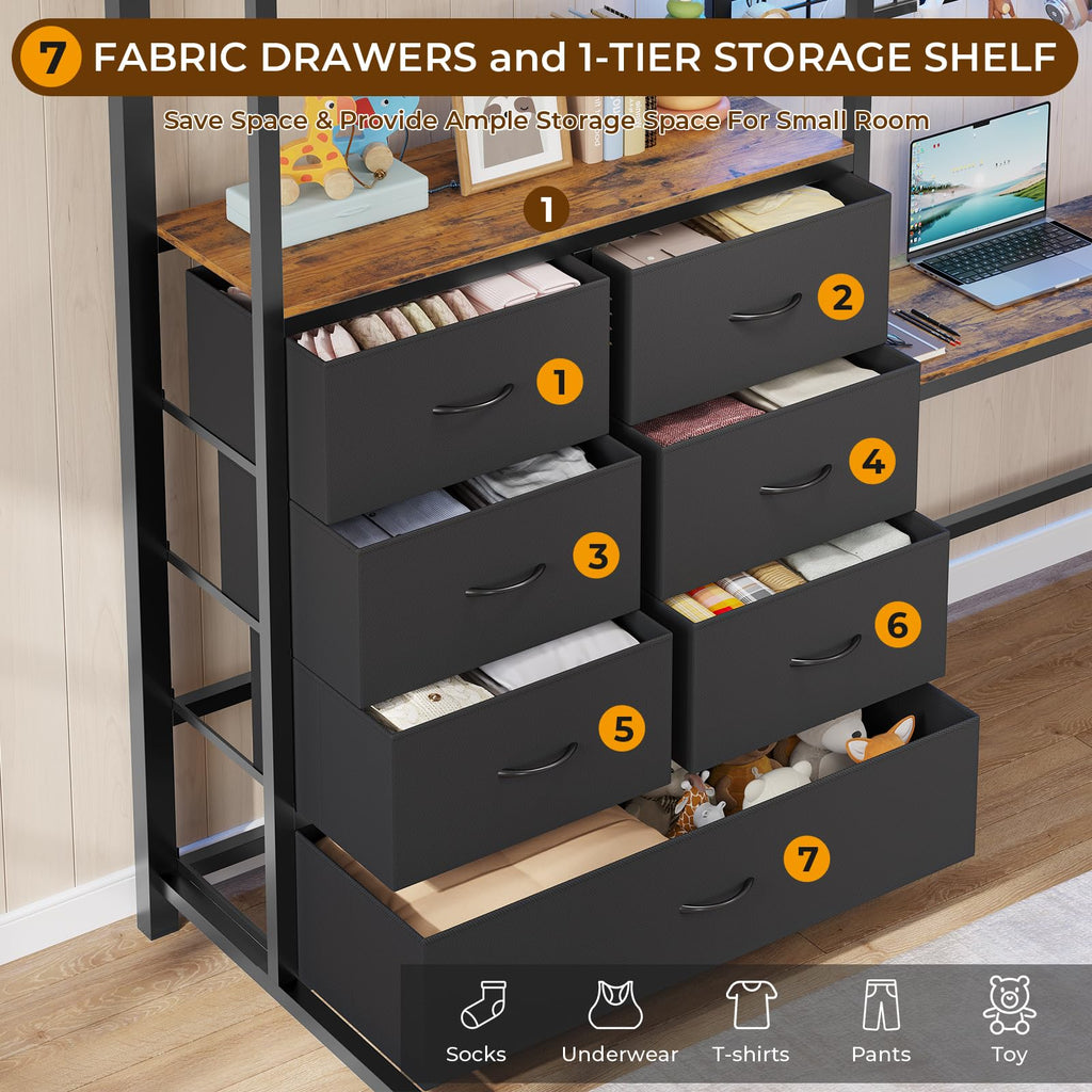 Full Size Loft Bed with L-Shaped Desk, 7 Storage Drawers, LED Lights and Charging Station, Black P9350