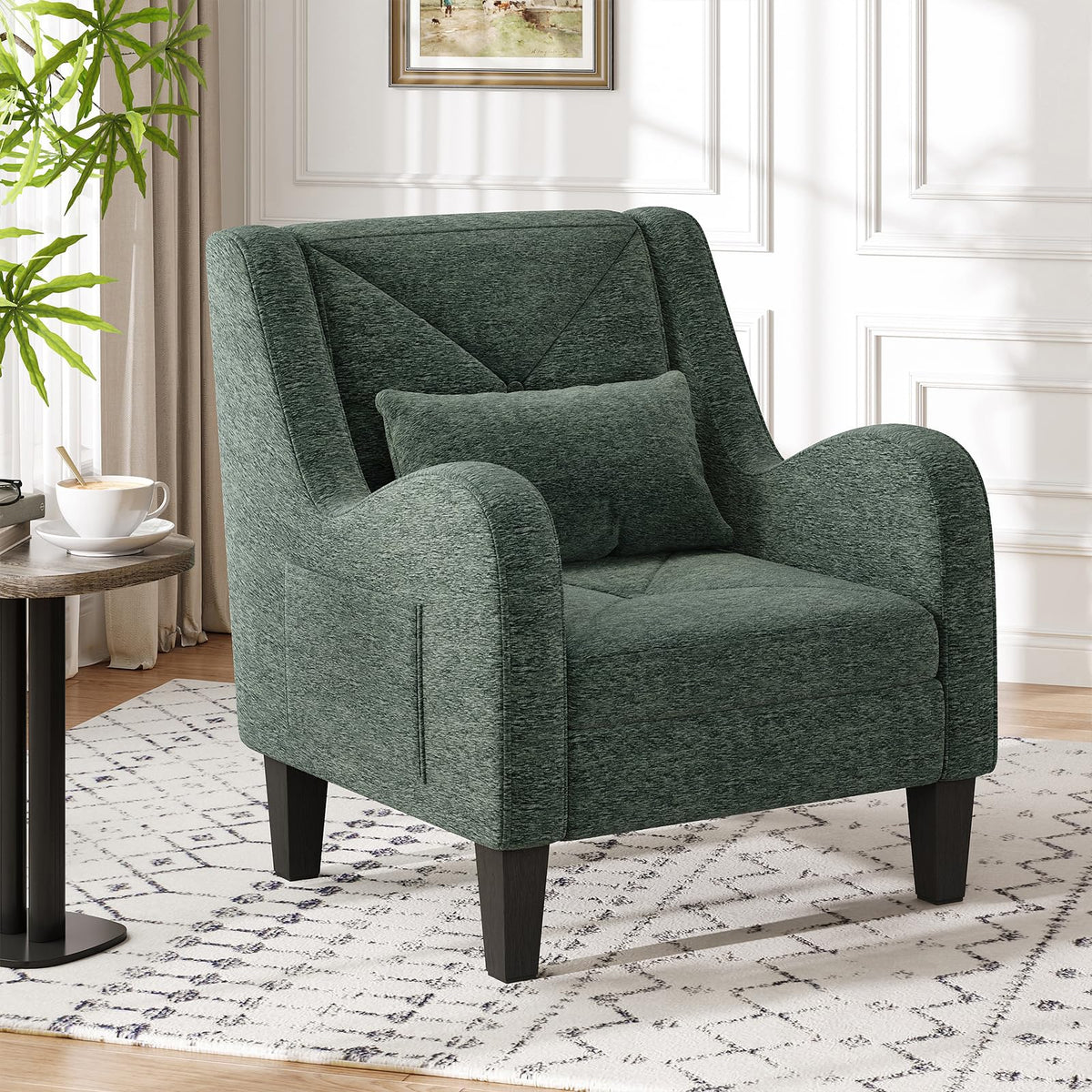 Green Chenille Upholstered Accent Chair with Lumbar Pillow J828435