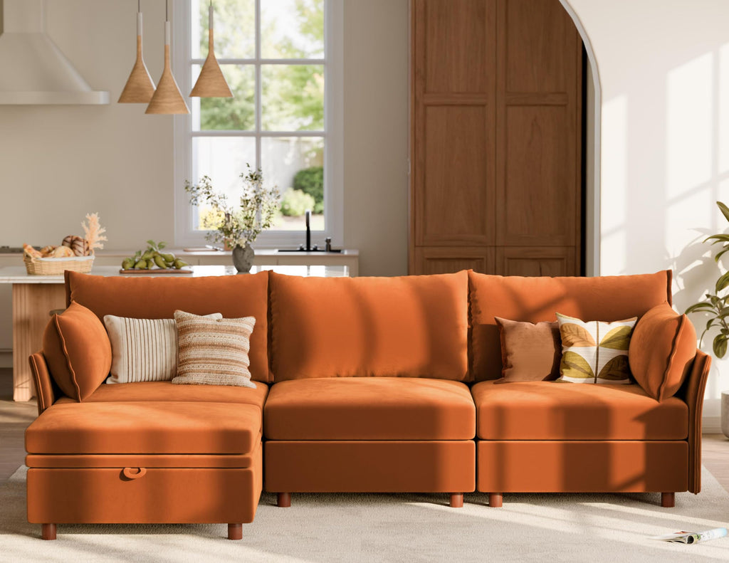 102.6" L Shaped 4 Seater Velvet Sectional Sofa with Storage Ottoman R6658